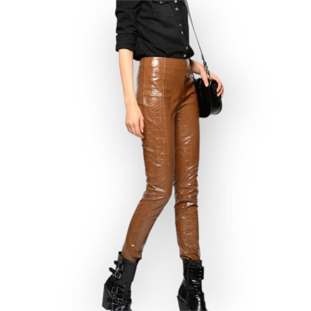Pinko Crocodile Textured Faux Leather Pants SIZE 2 Brown Skinny Trousers